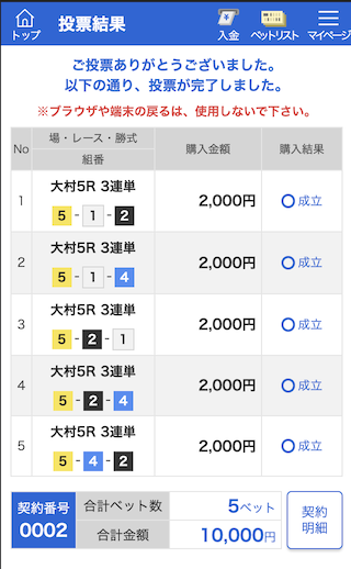 シックスボートマキシマム1レース目購入画面