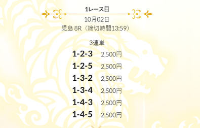 皇艇有料予想1レース目買い目