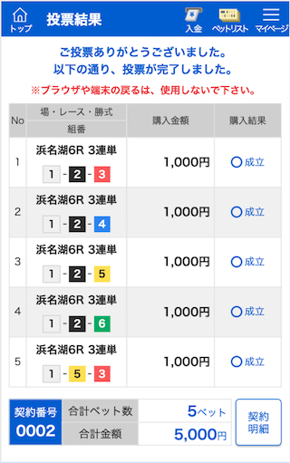 競艇神風無料予想購入画面