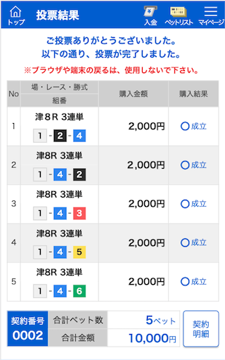 神風有料予想1レース目購入画面