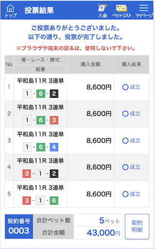 競艇チャンピオン有料2レース目購入画面