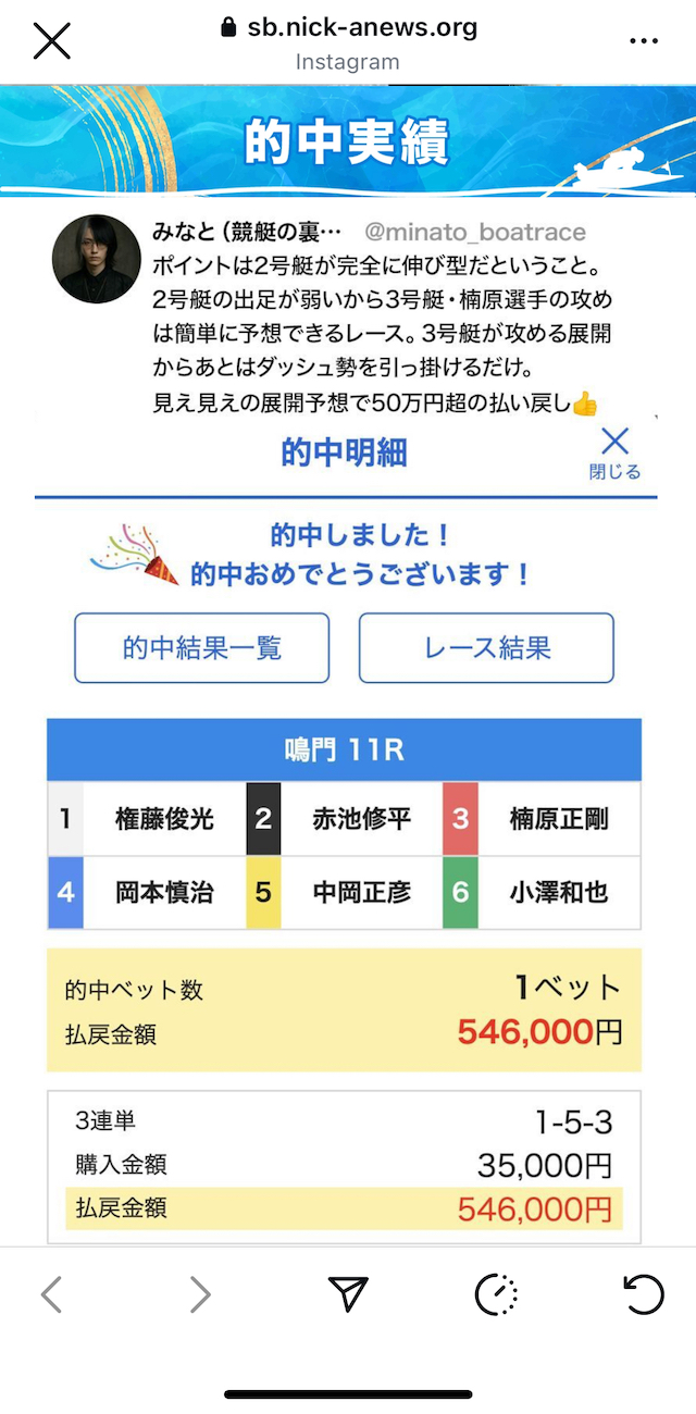 競艇投資家みなとの広告の的中実績の画像