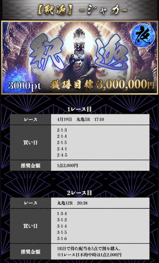 4月19日の競艇修羅の有料予想「釈迦」プランの買い目画像