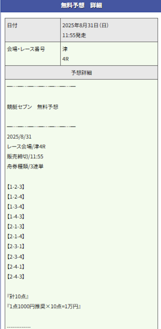 競艇セブンの8月31日の無料予想の買い目画像